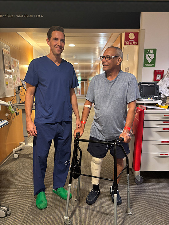 Mr Scott Tulloch, orthopaedic surgeon with patient Gerard after using the new MAKO robot.